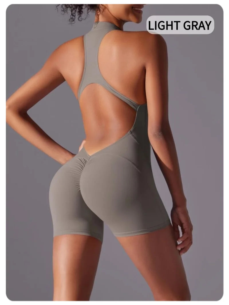 MIML Women's Short Sleeveless Zipper Backless Yoga Romper