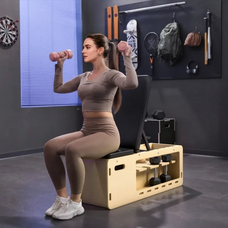 Wood Incline Weight Bench With Dumbbell Rack And Resistance Bands