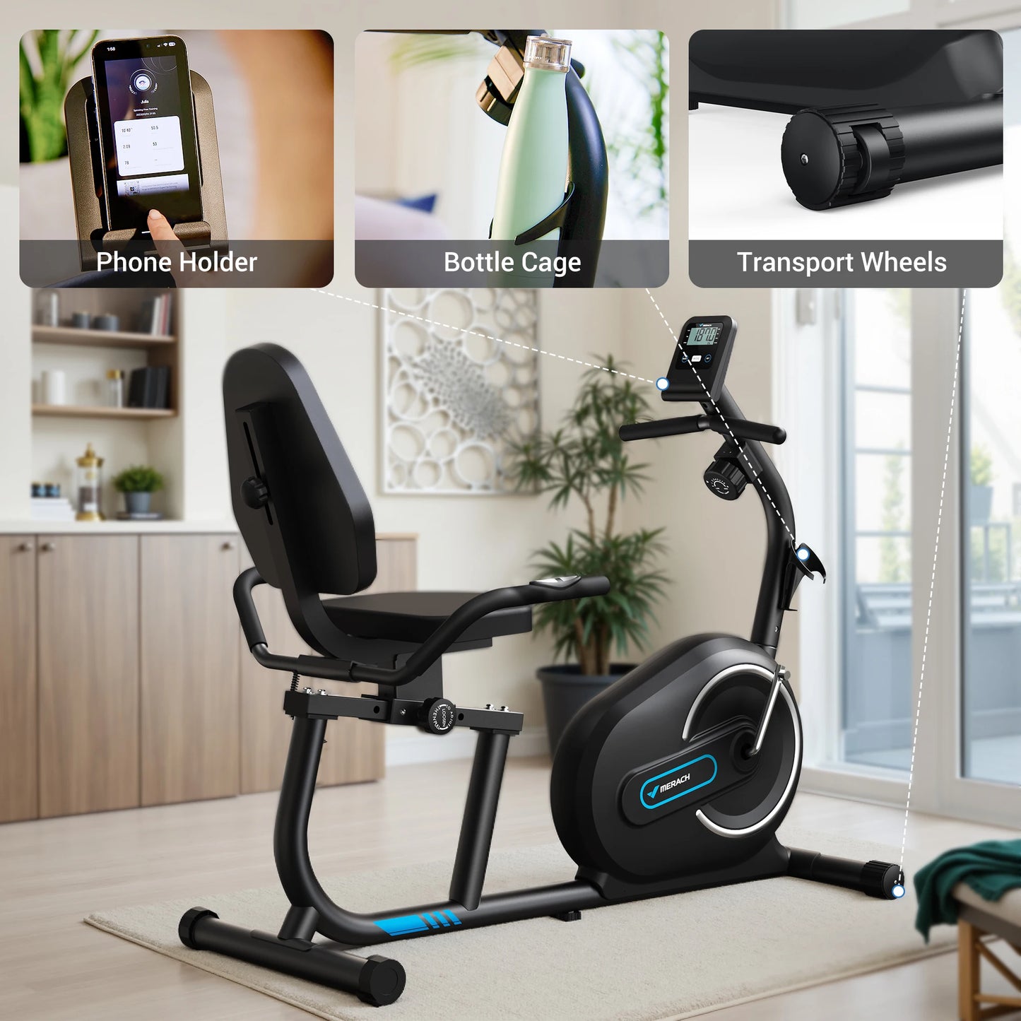 MERACH Recumbent Exercise Bike With Bluetooth App LCD Heart Rate