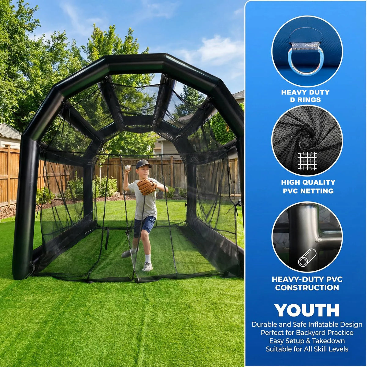 20x16FT Inflatable Baseball Cage, Heavy Duty PVC Baseball Practice Net with Air Pump, Portable Batting Cage for Pitching, Hitting Training, Softball Practice, Backyard, School & Sports Events