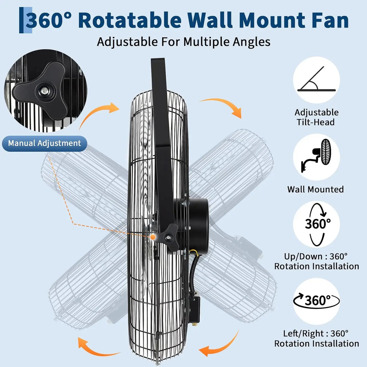18/20 Inch Metal Wall Mount Fan, Aluminum Industrial Wall Fan, 120V 60Hz US Plug, High‑Speed Ventilation Fan for Garage Warehouse Workshop Commercial Use