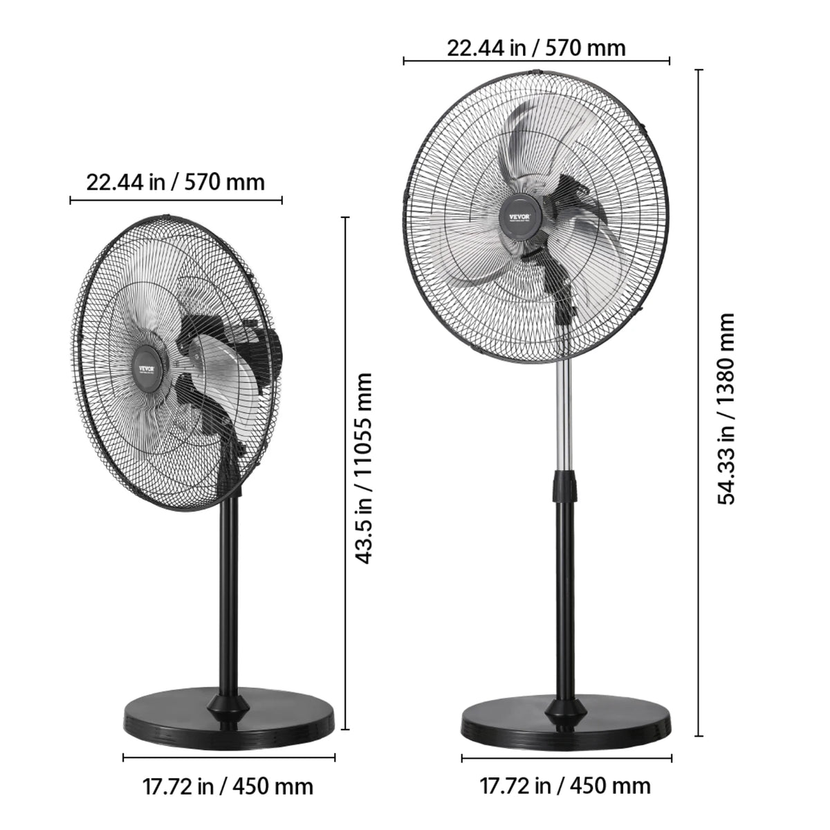 VEVOR Industrial Pedestal Fan 85-Degree Oscillating Fan Height Adjustable Standing Fans with 3 Adjustable Speed for Bedroom Home