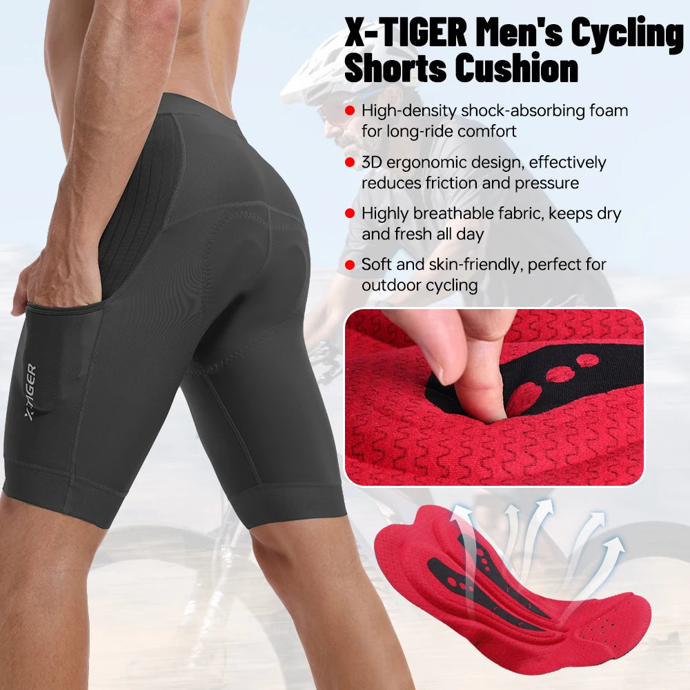 X-TIGER Men's Padded Cycling Shorts With Breathable Pockets For Comfort