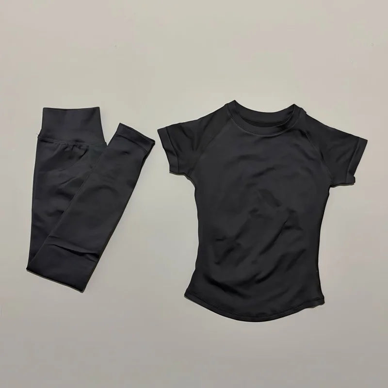 Histello Women Seamless Fitness Set Short Sleeve Top Leggings