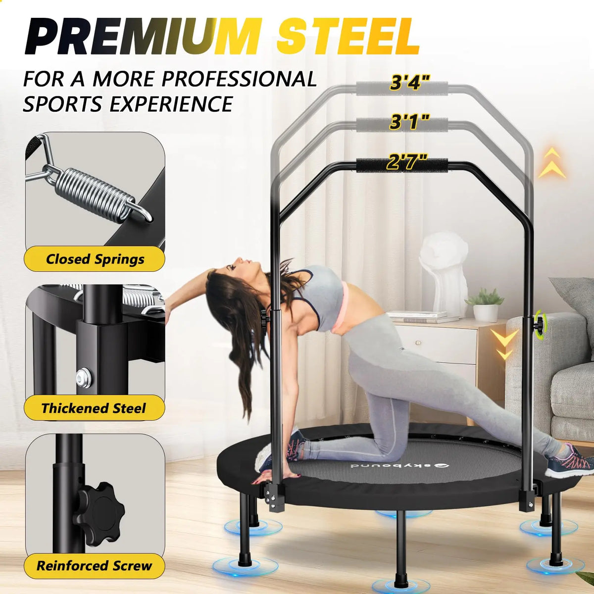 Foldable Adult Mini Trampoline With Adjustable Handle For Fitness