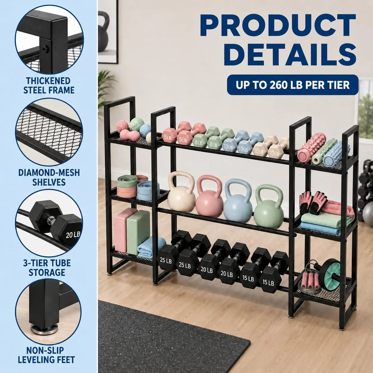 Dumbbell Rack 3 Tier, 260 Lb Per Tier Weight Rack For Home Gym, 54.6 In Triple Column Dumbbell Stand, 2 Mesh Sections And 1 Steel Tube Section, All In One Workout Equipment Storage, Rack Only