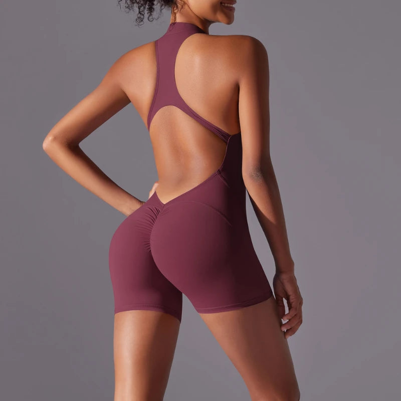 MIML Women's Short Sleeveless Zipper Backless Yoga Romper