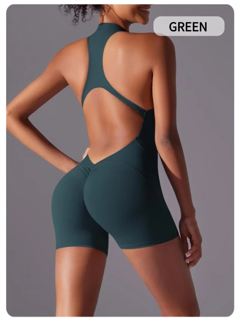 MIML Women's Short Sleeveless Zipper Backless Yoga Romper