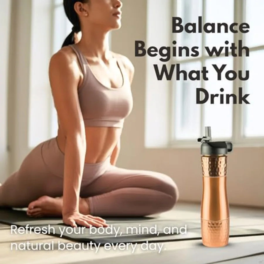 Pure Copper Water Bottle With Straw And Sports Lid