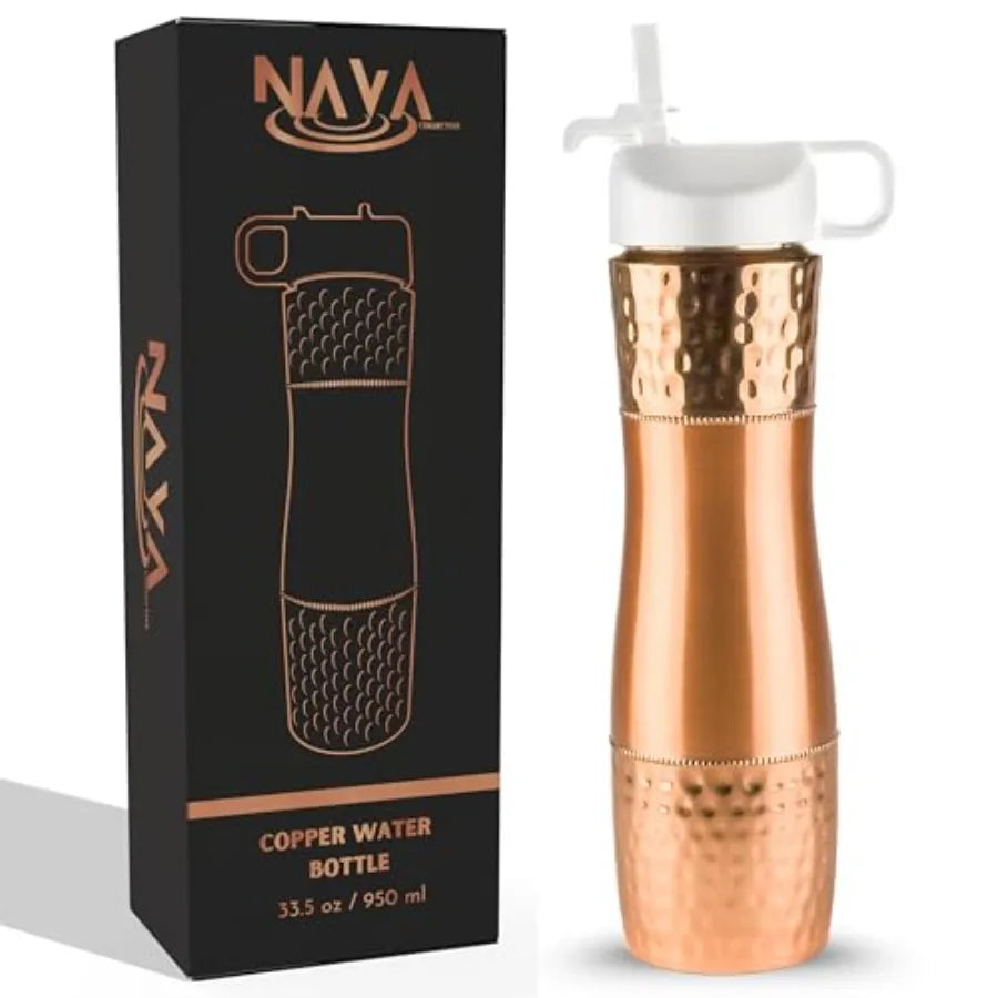 Pure Copper Water Bottle With Straw And Sports Lid