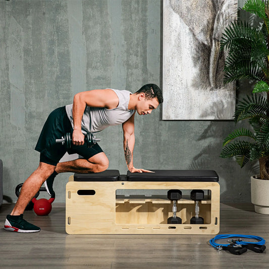 Wooden Workout Bench With Adjustable Incline Dumbbell Rack And Bands