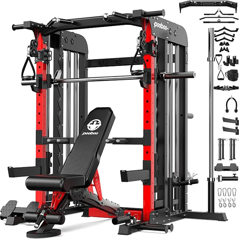 Pooboo Power Cage Smith Machine With Cable Crossover System