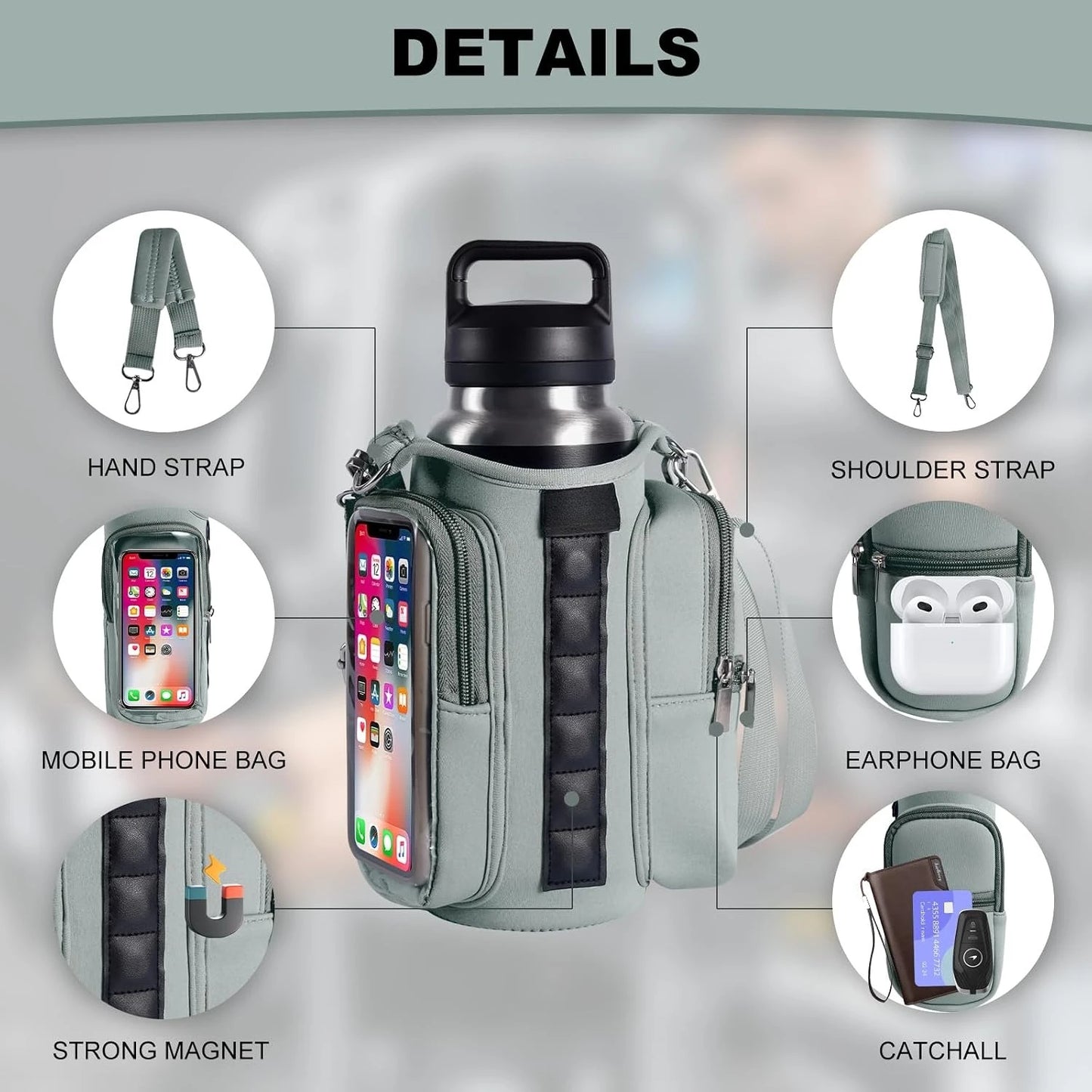 Lightweight Magnetic Water Bottle Sling Crossbody Bag With Adjustable Strap