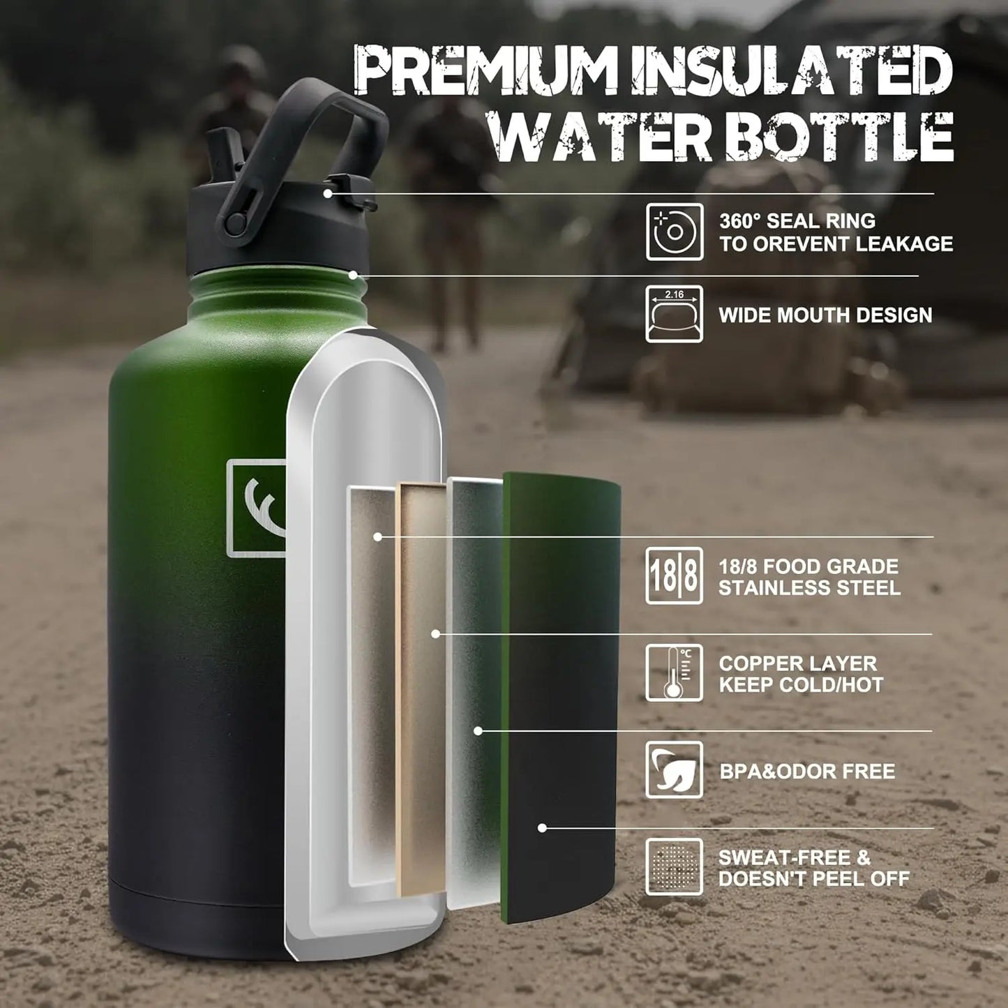 Stainless Steel Tactical Water Bottle With Molle Pouch And Caps