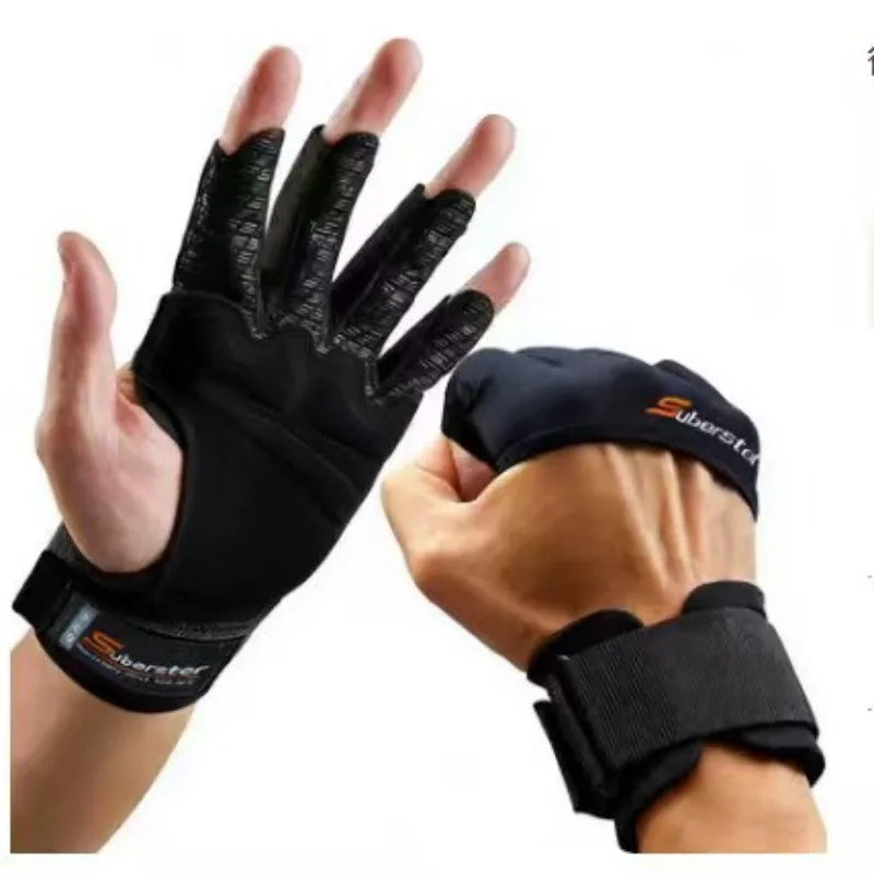 Original Leather Half Finger Gym Gloves Silicone Air Cushion Weightlifting Workout Gloves for Men Women Anti-Slip Breathable Out