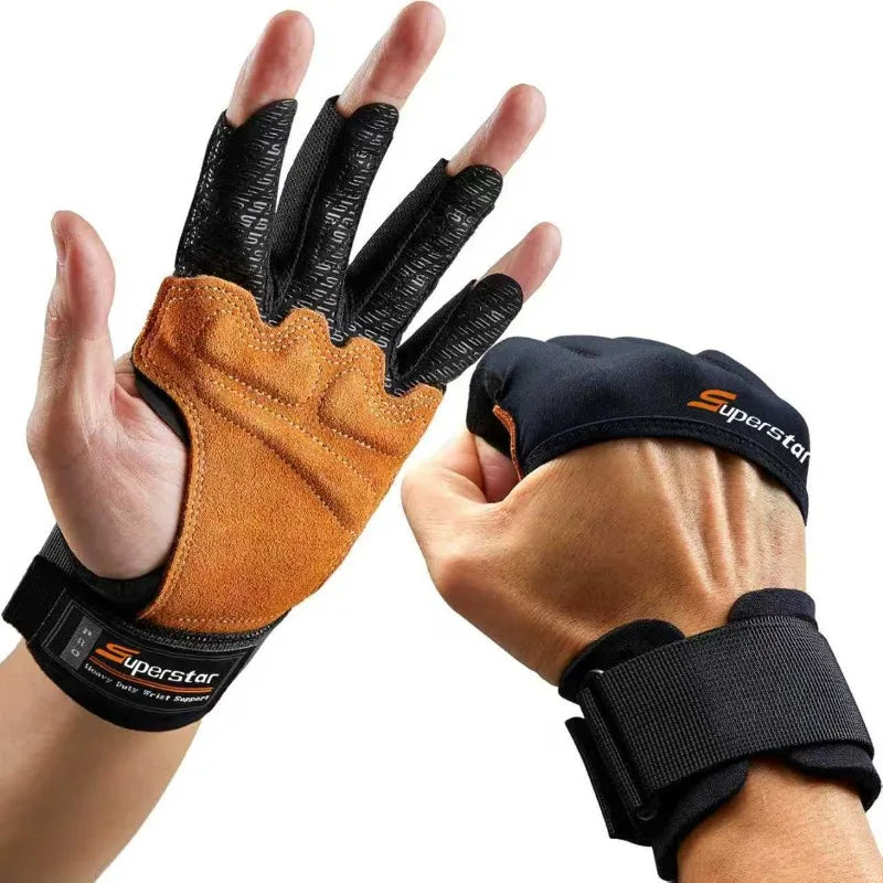 Original Leather Half Finger Gym Gloves Silicone Air Cushion Weightlifting Workout Gloves for Men Women Anti-Slip Breathable Out