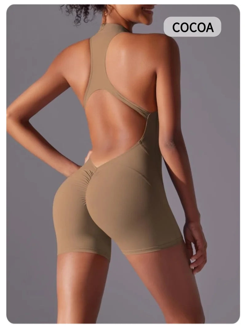 MIML Women's Short Sleeveless Zipper Backless Yoga Romper