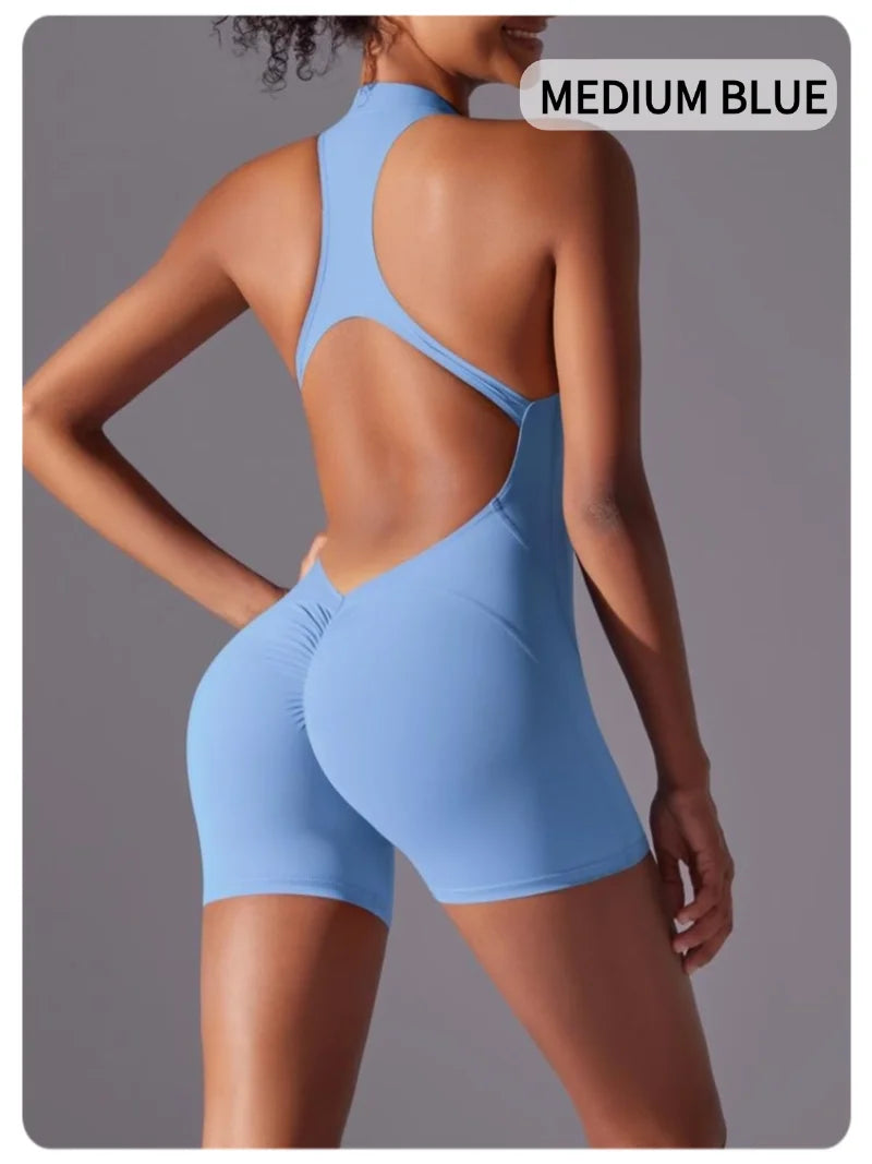 MIML Women's Short Sleeveless Zipper Backless Yoga Romper