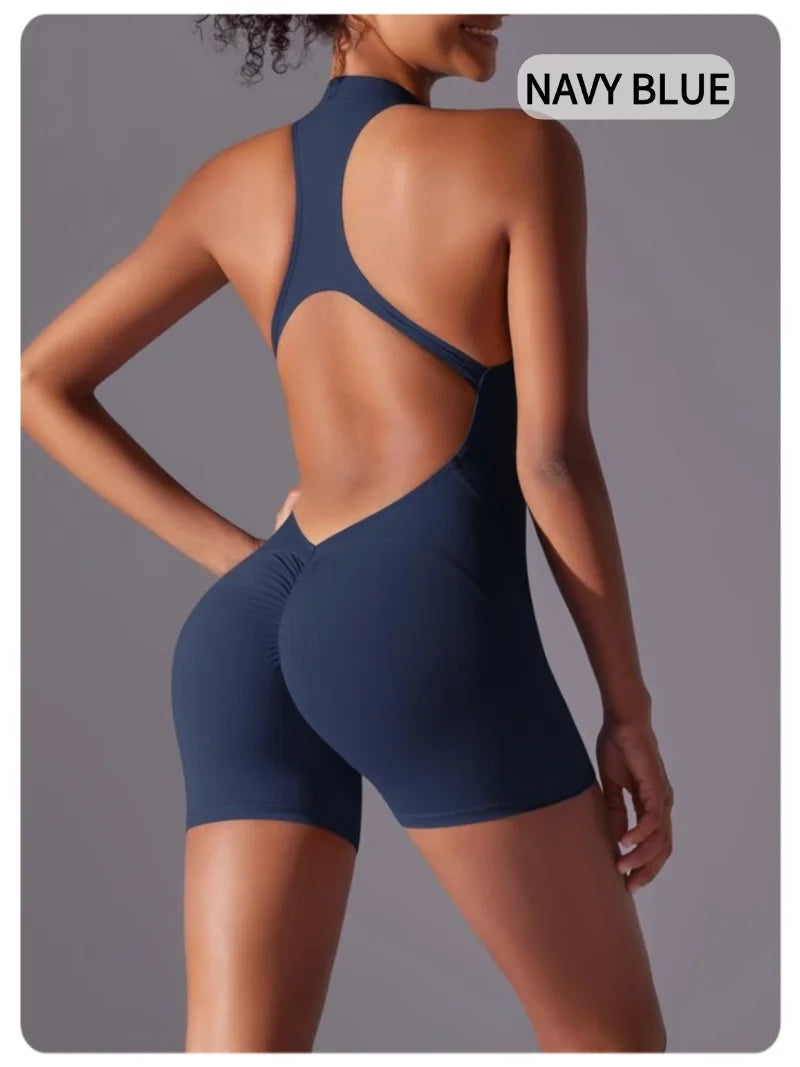 MIML Women's Short Sleeveless Zipper Backless Yoga Romper