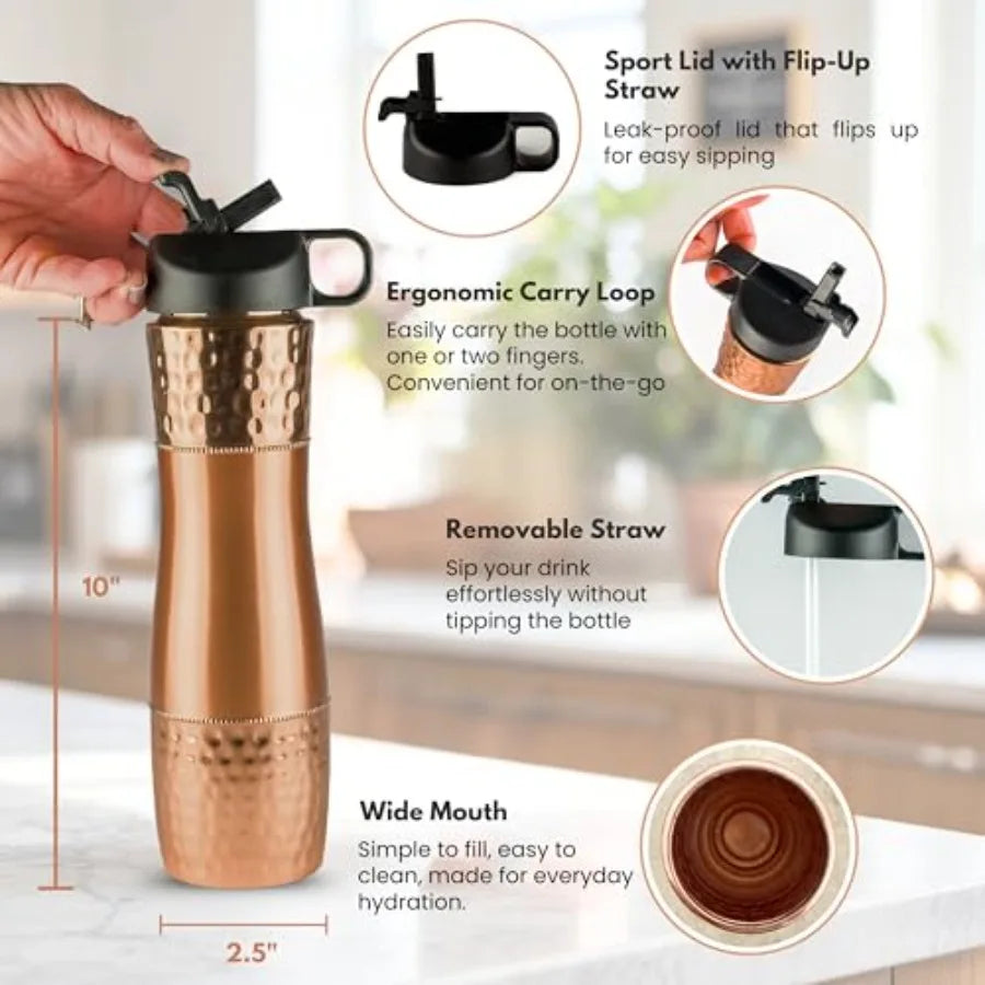 Pure Copper Water Bottle With Straw And Sports Lid