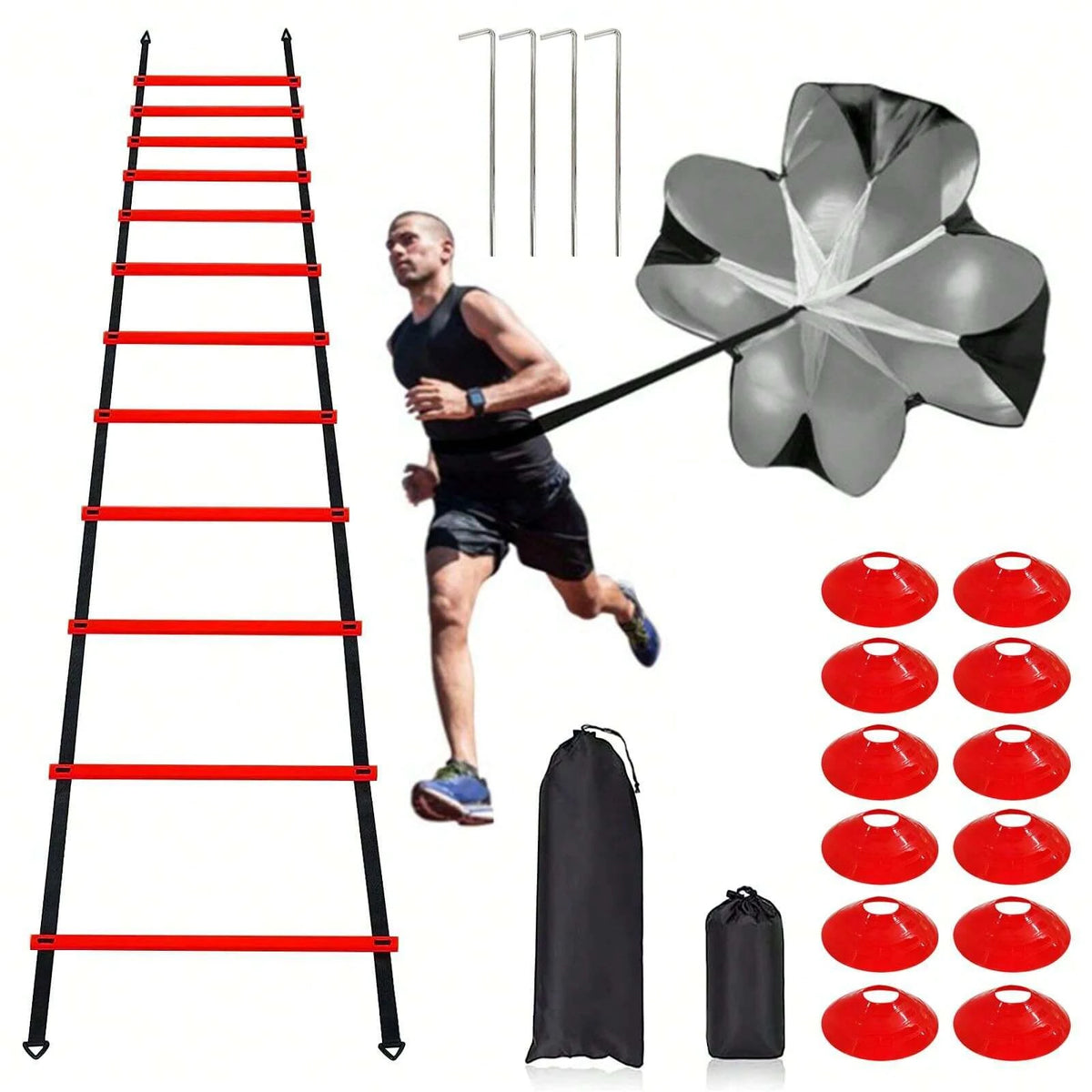 Speed Agility Training Set,Includes 12 Rung 20ft Adjustable Agility Ladder,12 Sports Cones,4 Steel Stakes,1 Resistance Parachute
