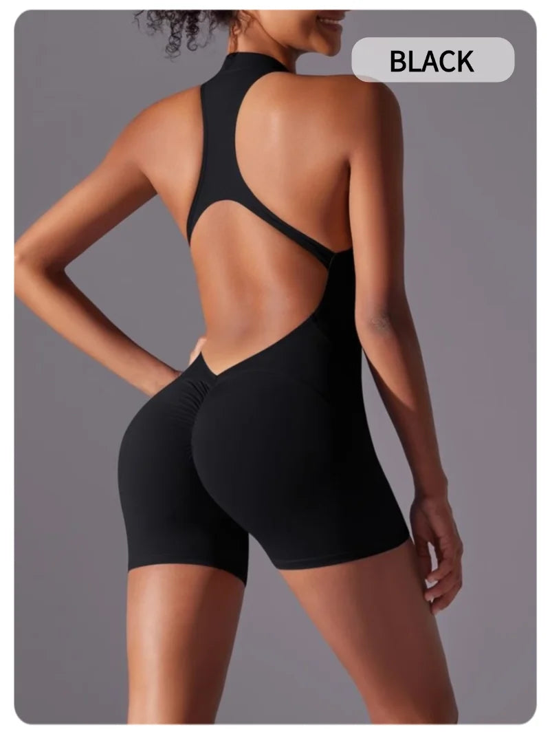 MIML Women's Short Sleeveless Zipper Backless Yoga Romper