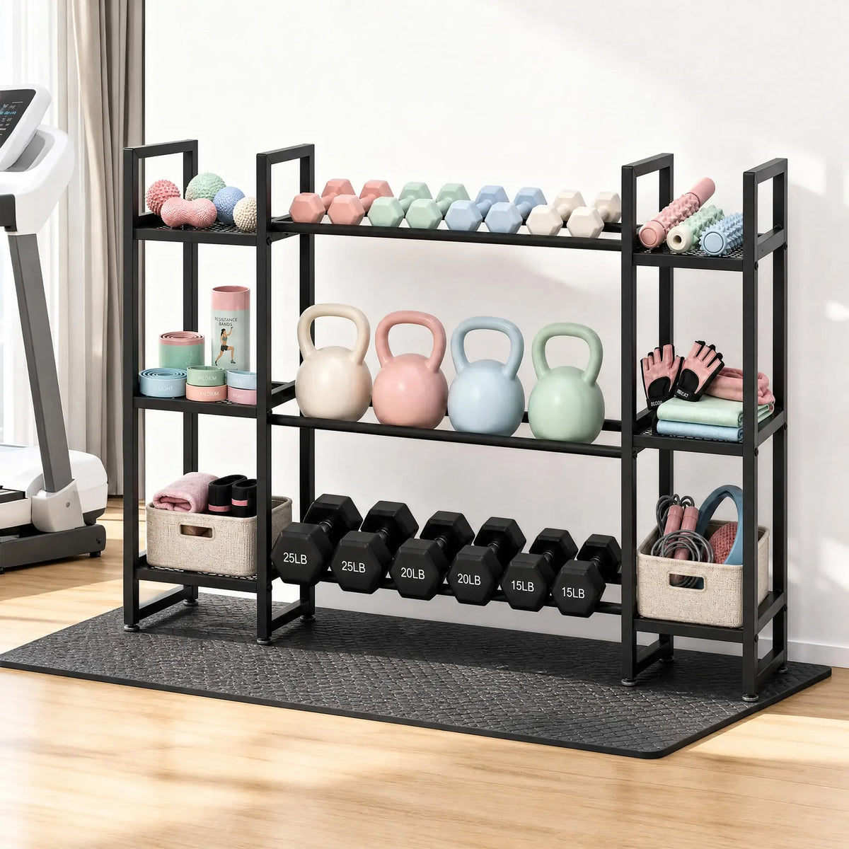 Dumbbell Rack 3 Tier, 260 Lb Per Tier Weight Rack For Home Gym, 54.6 In Triple Column Dumbbell Stand, 2 Mesh Sections And 1 Steel Tube Section, All In One Workout Equipment Storage, Rack Only