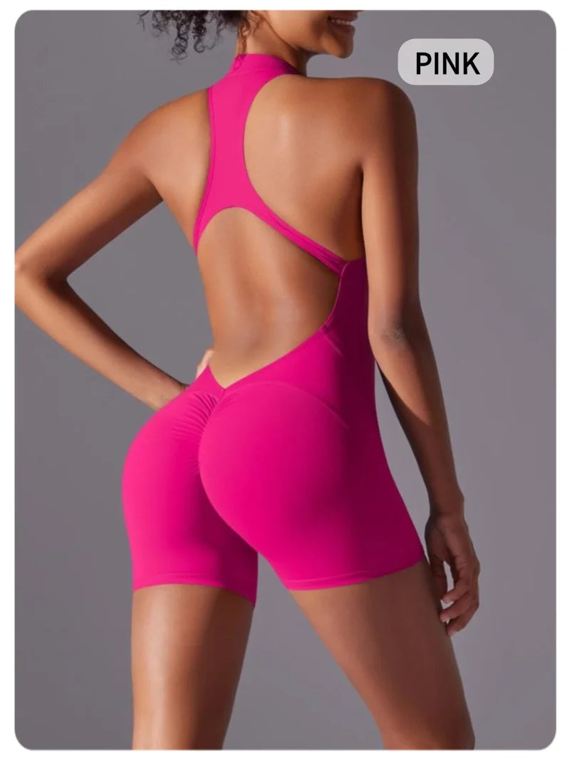 MIML Women's Short Sleeveless Zipper Backless Yoga Romper