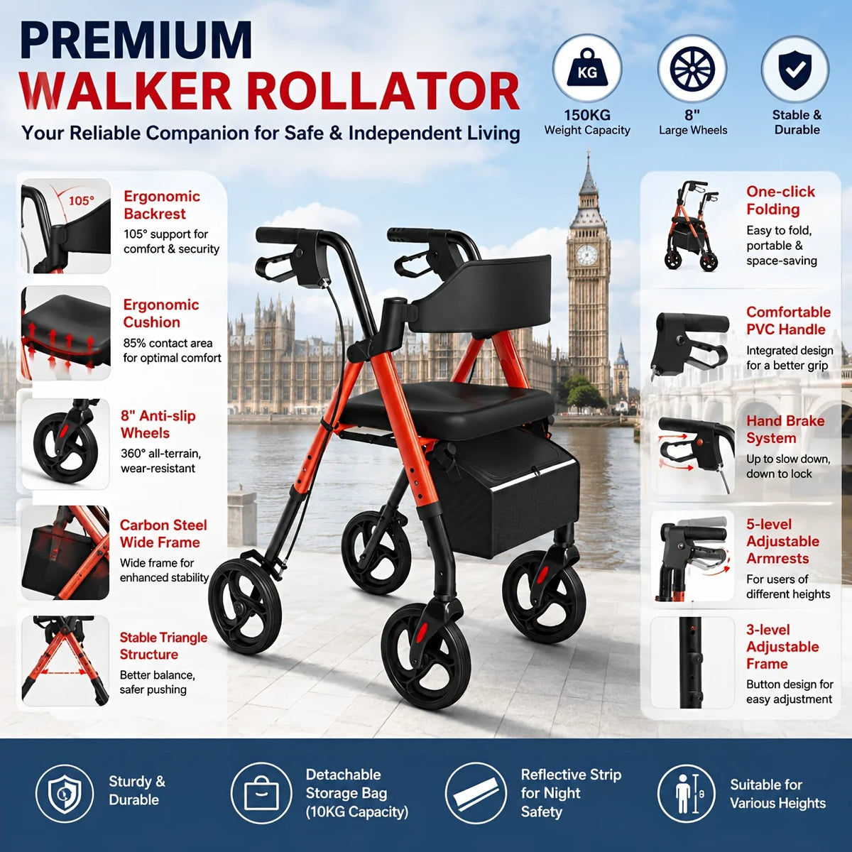 Maidesite Senior Rollator Walker With Seat And Steel Frame