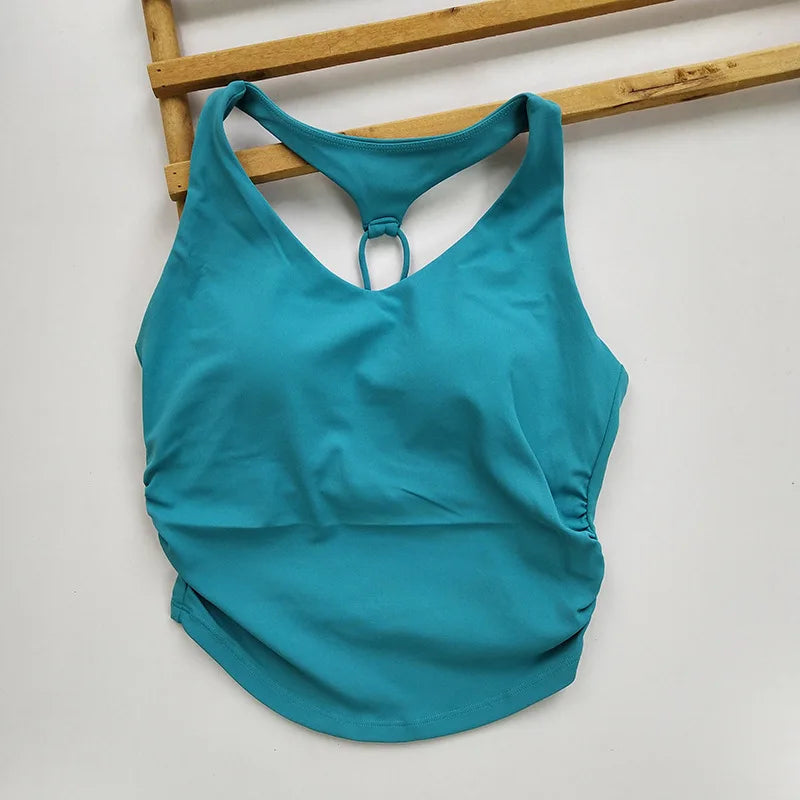 Women's Cutout Back Ruched Waist Yoga Tank Top Spaghetti Strap Fixed Cups Breathable for Gym Workout