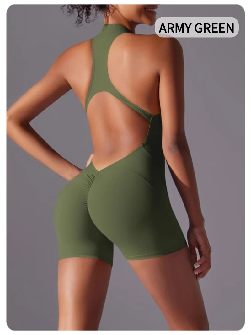 MIML Women's Short Sleeveless Zipper Backless Yoga Romper