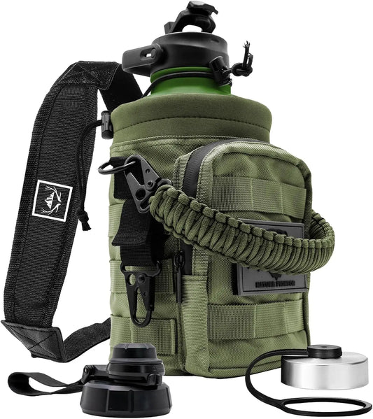 Stainless Steel Tactical Water Bottle With Molle Pouch And Caps