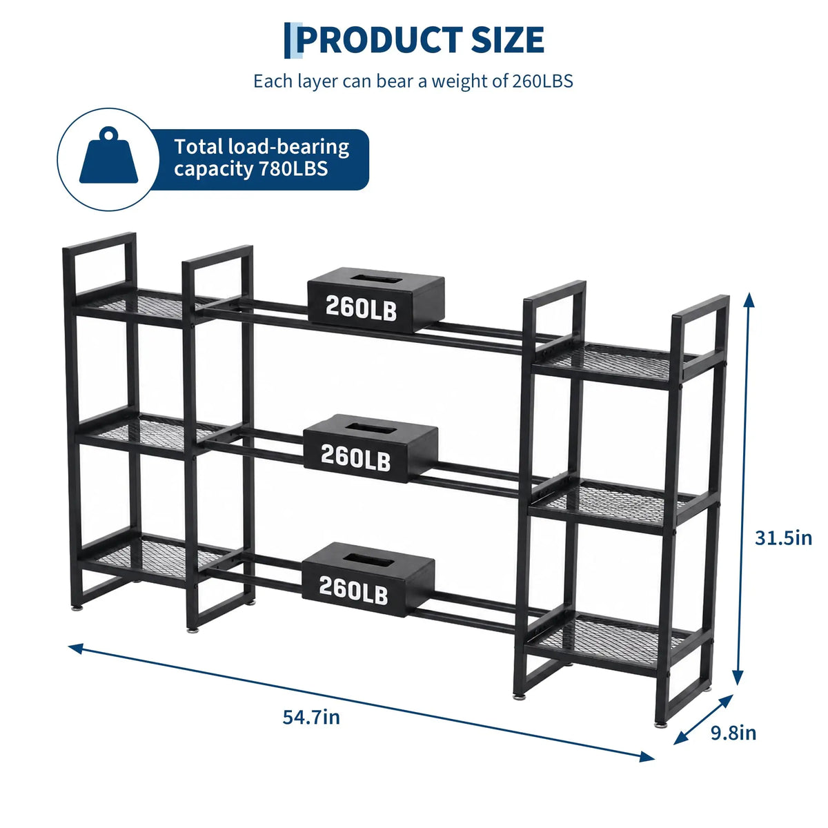 Dumbbell Rack 3 Tier, 260 Lb Per Tier Weight Rack For Home Gym, 54.6 In Triple Column Dumbbell Stand, 2 Mesh Sections And 1 Steel Tube Section, All In One Workout Equipment Storage, Rack Only