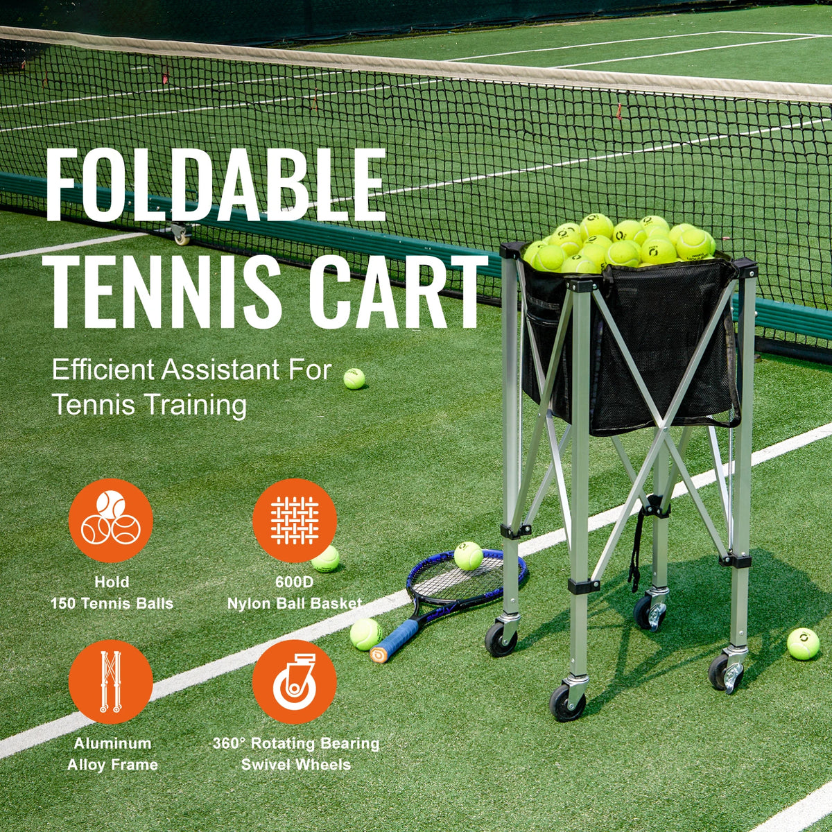 SucceBuy Foldable Tennis Ball Cart With Wheels For Sports Practice