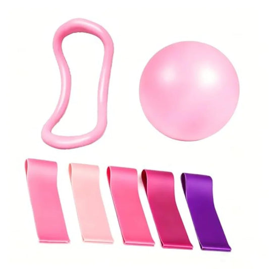 Seven Piece Pilates Fitness Set With Bands And Mini Ball