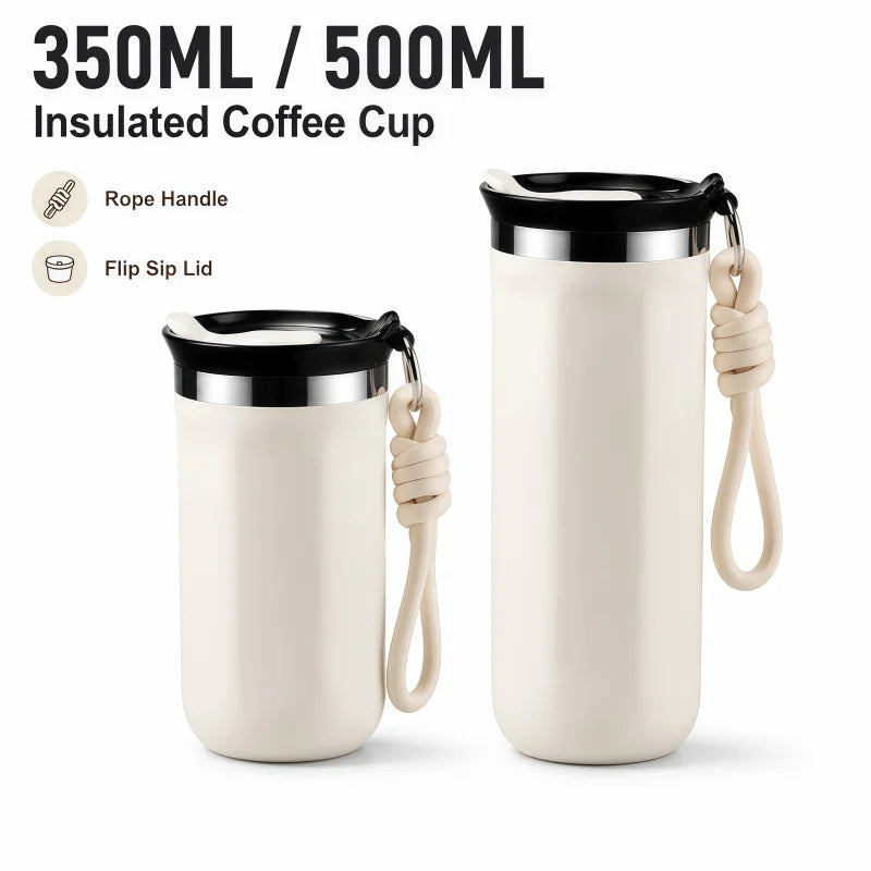 ULKNN Insulated Stainless Steel Travel Mug With Lid Rope Handle