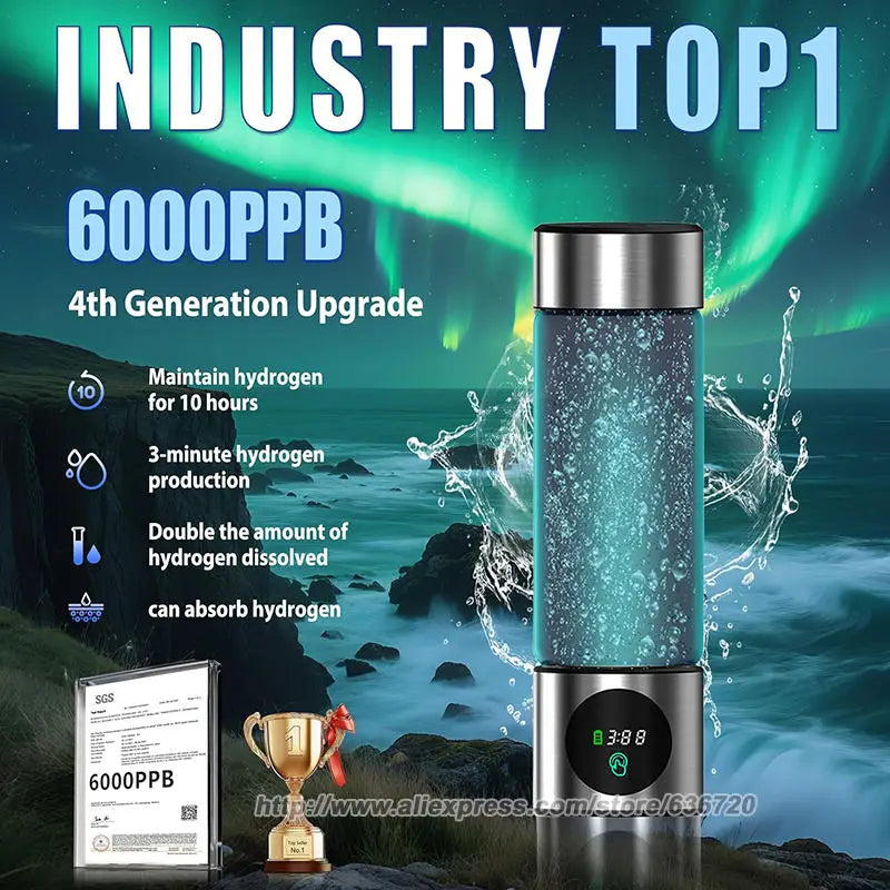 GERWELL Hydrogen Water Bottle With 6000 PPB Concentration SPE PEM Tech