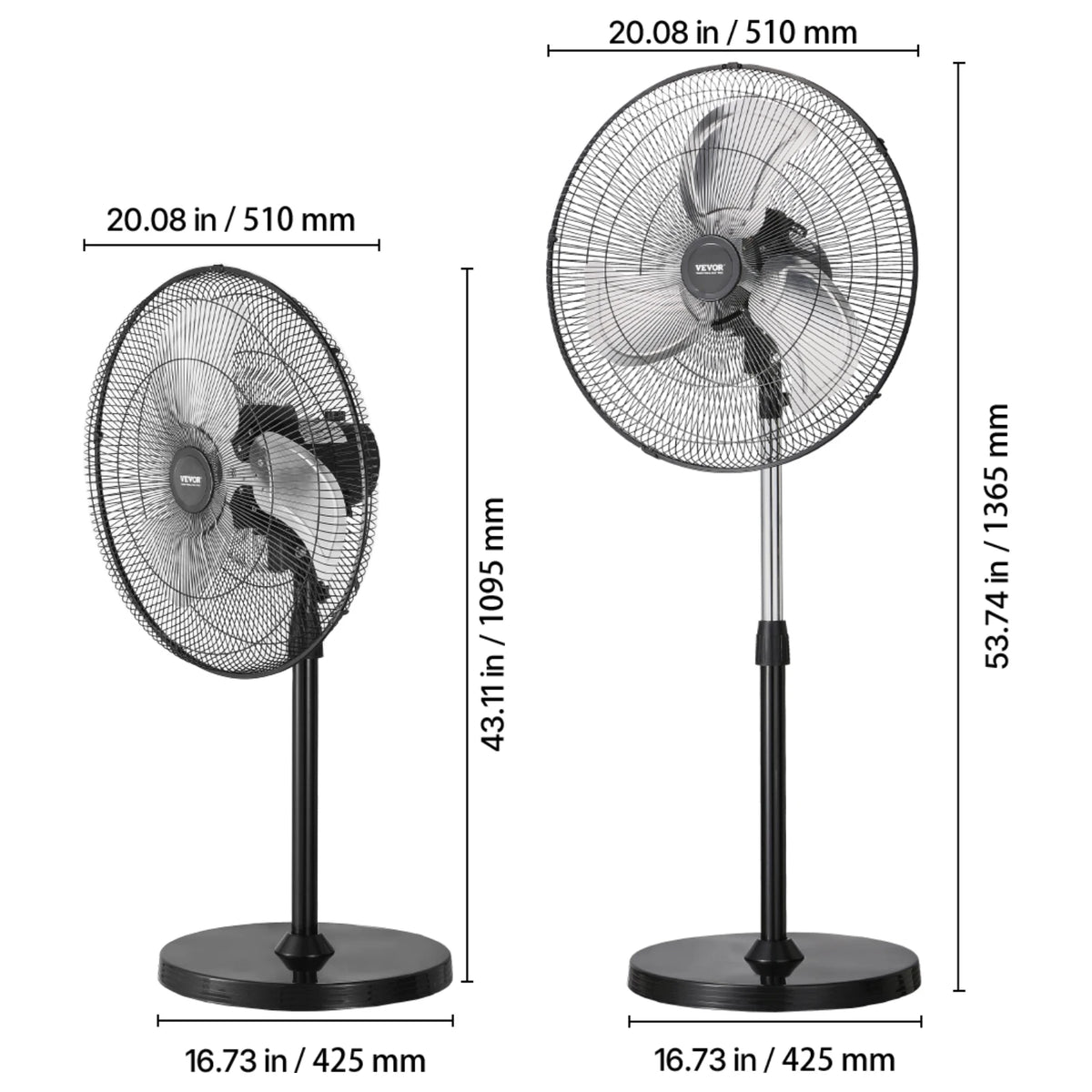 VEVOR Industrial Pedestal Fan 85-Degree Oscillating Fan Height Adjustable Standing Fans with 3 Adjustable Speed for Bedroom Home