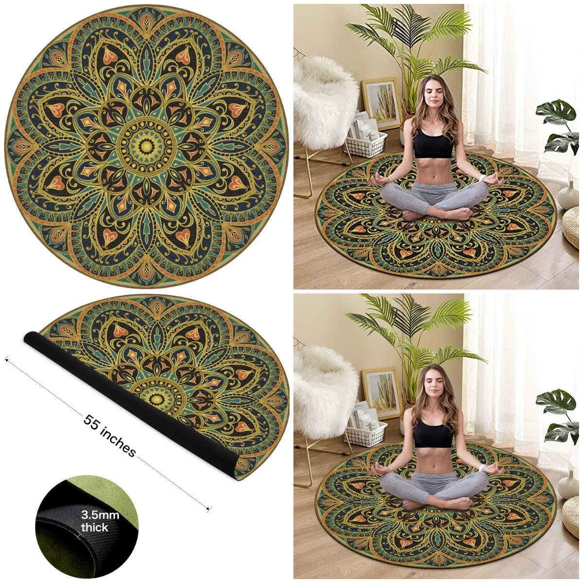 YTYIN Premium Round Yoga Mat Non Slip Extra Thick For Exercise