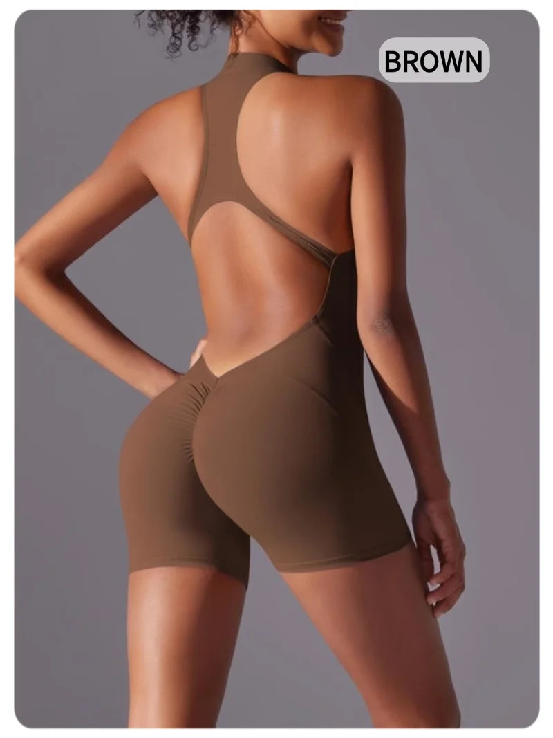 MIML Women's Short Sleeveless Zipper Backless Yoga Romper
