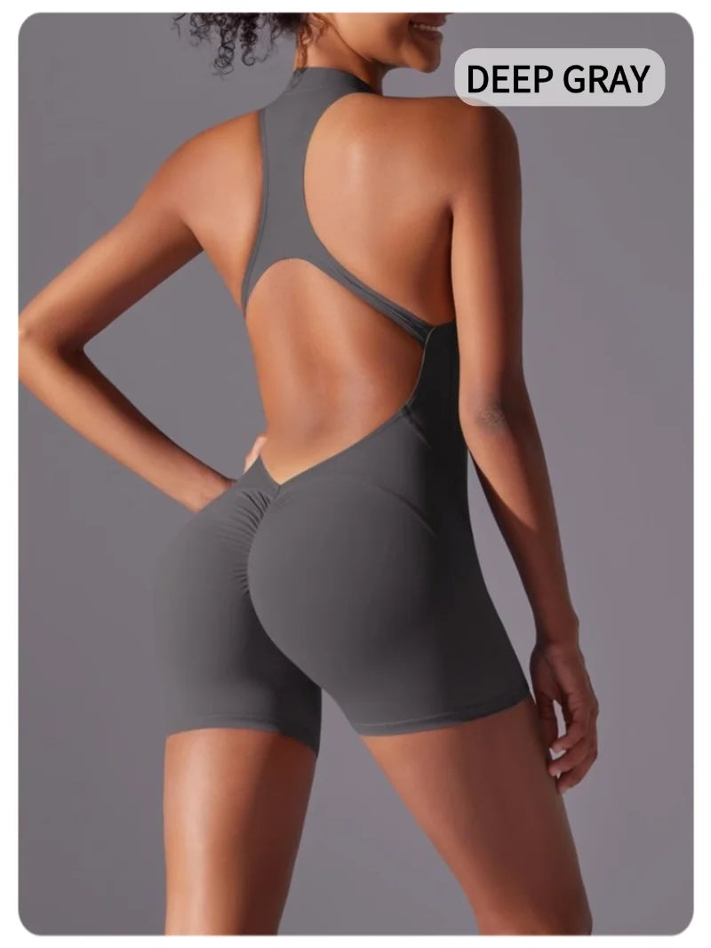 MIML Women's Short Sleeveless Zipper Backless Yoga Romper