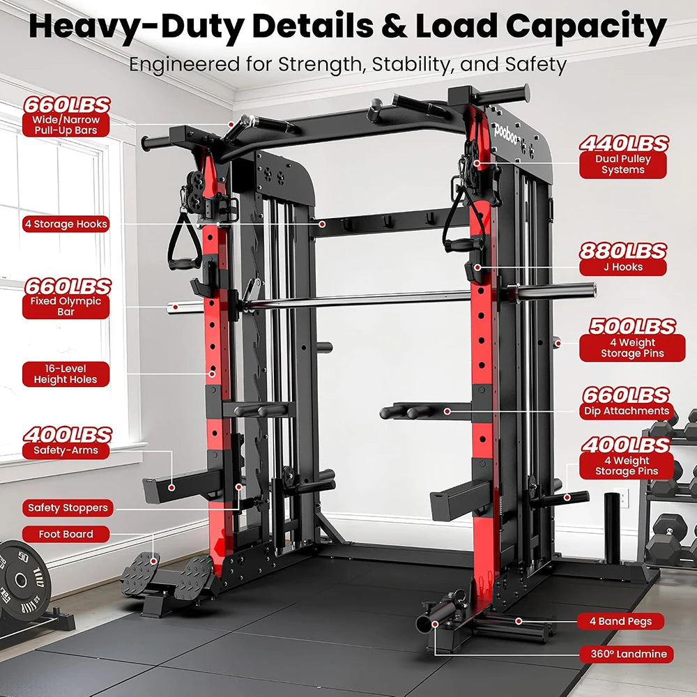 Pooboo Power Cage Smith Machine With Cable Crossover System