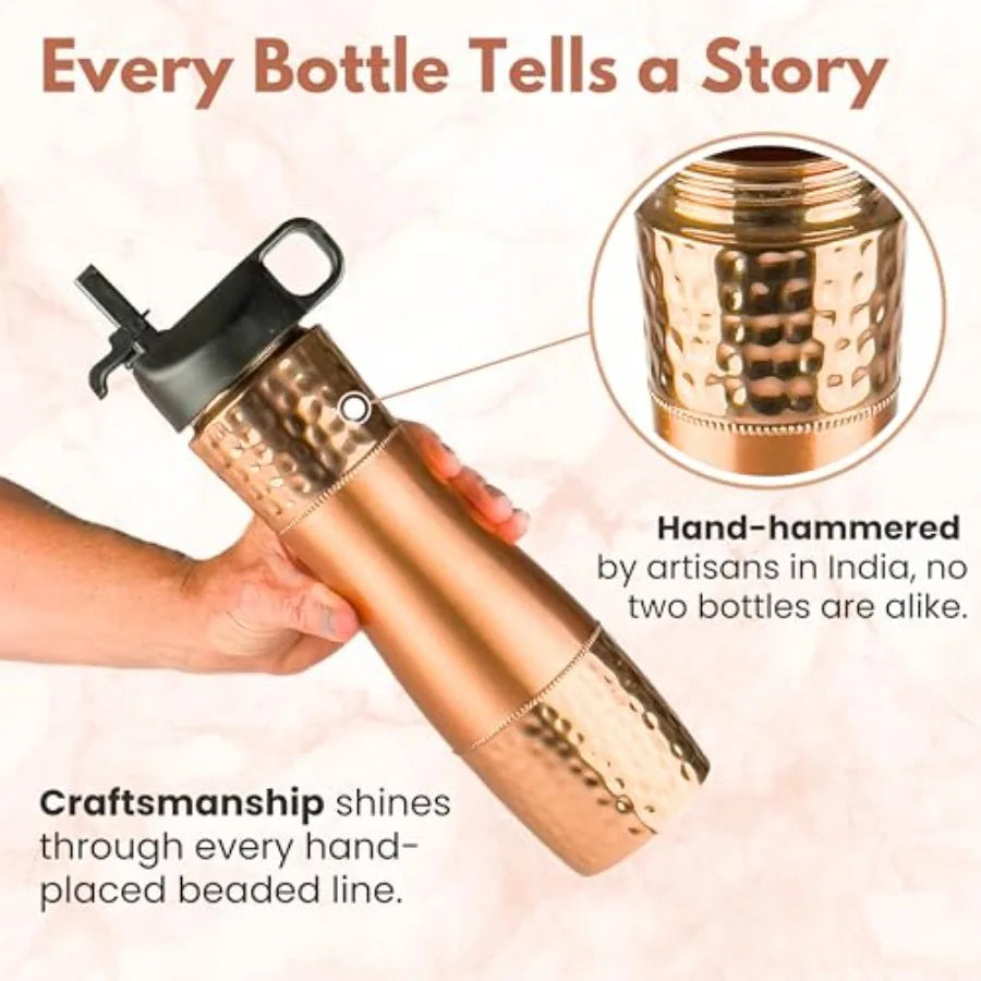 Pure Copper Water Bottle With Straw And Sports Lid