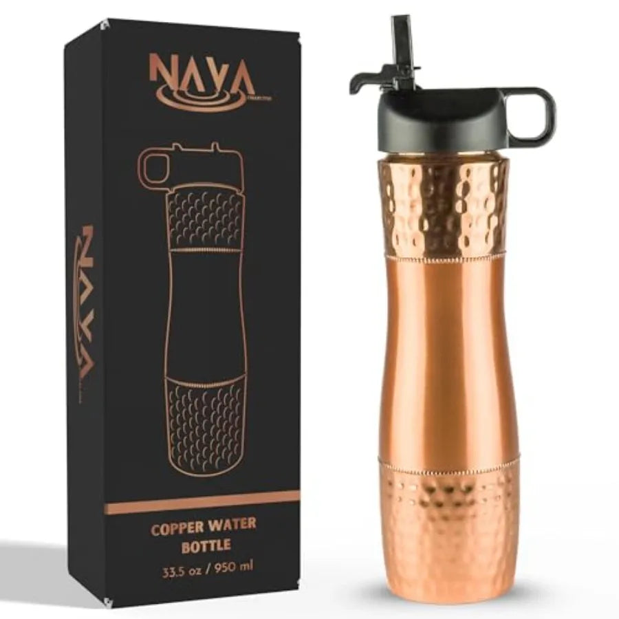 Pure Copper Water Bottle With Straw And Sports Lid