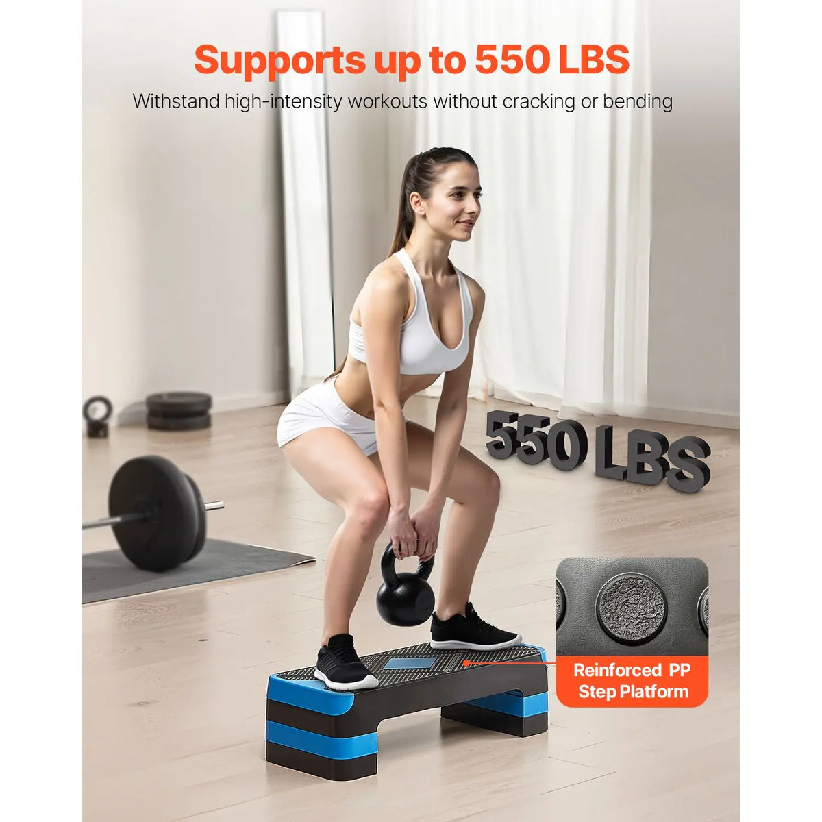 New Aerobic Exercise Step Platform, 28-Inch Workout Aerobic Stepper, Height Adjustable Fitness Training Step Deck Trainer with 4