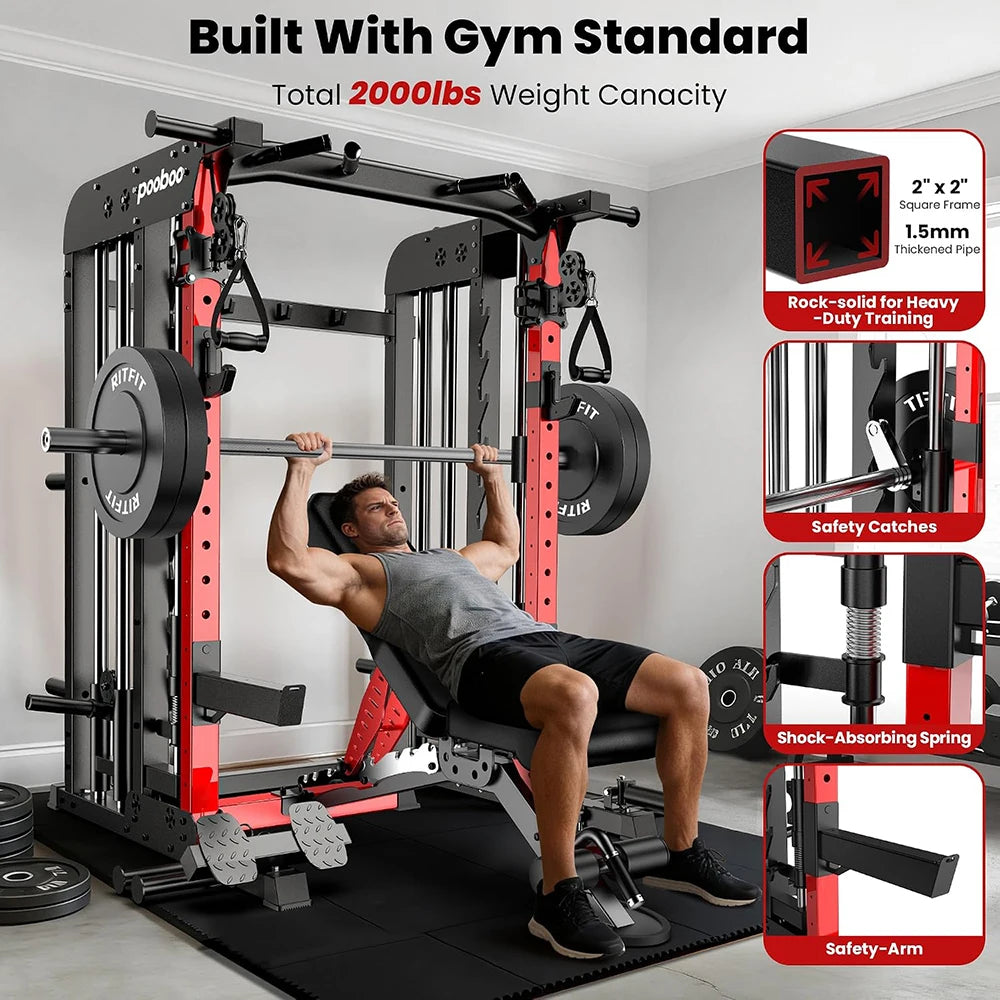Pooboo Power Cage Smith Machine With Cable Crossover System
