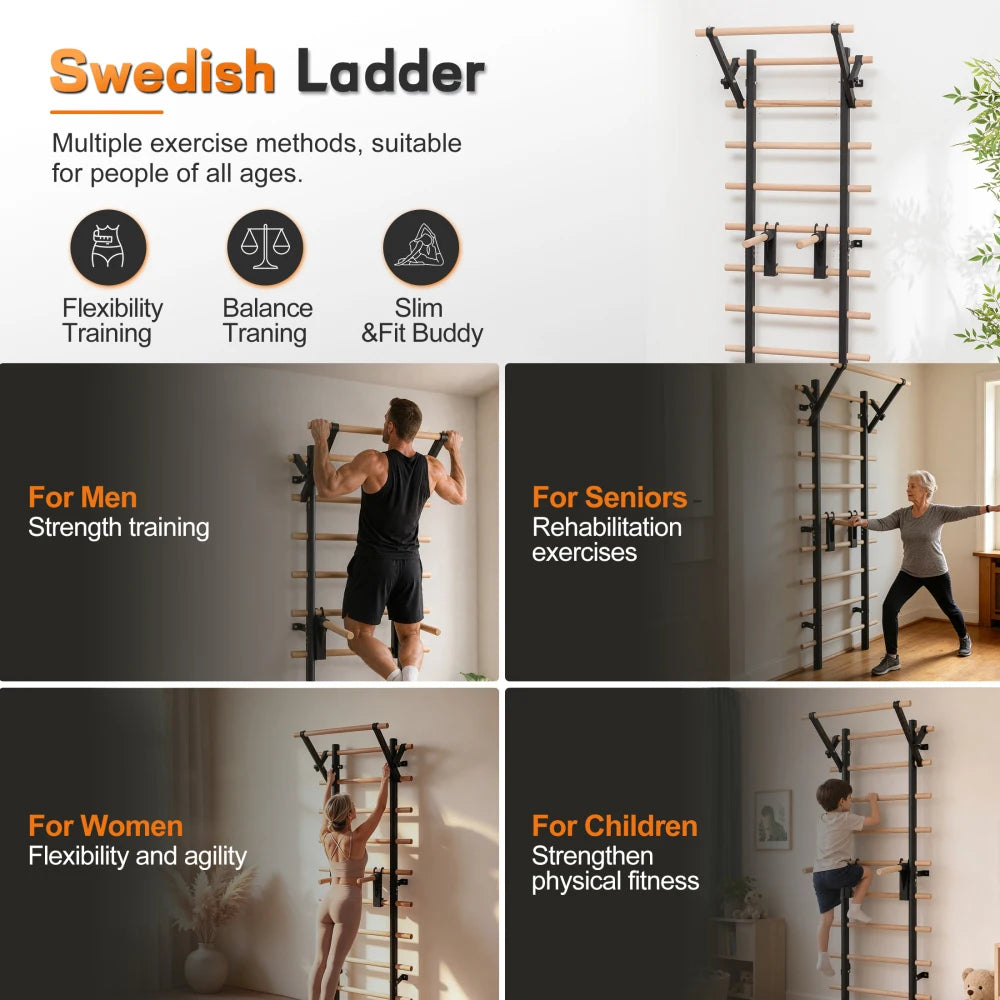 Wall Mount Swedish Ladder for Home Gym Training Adjustable Bars