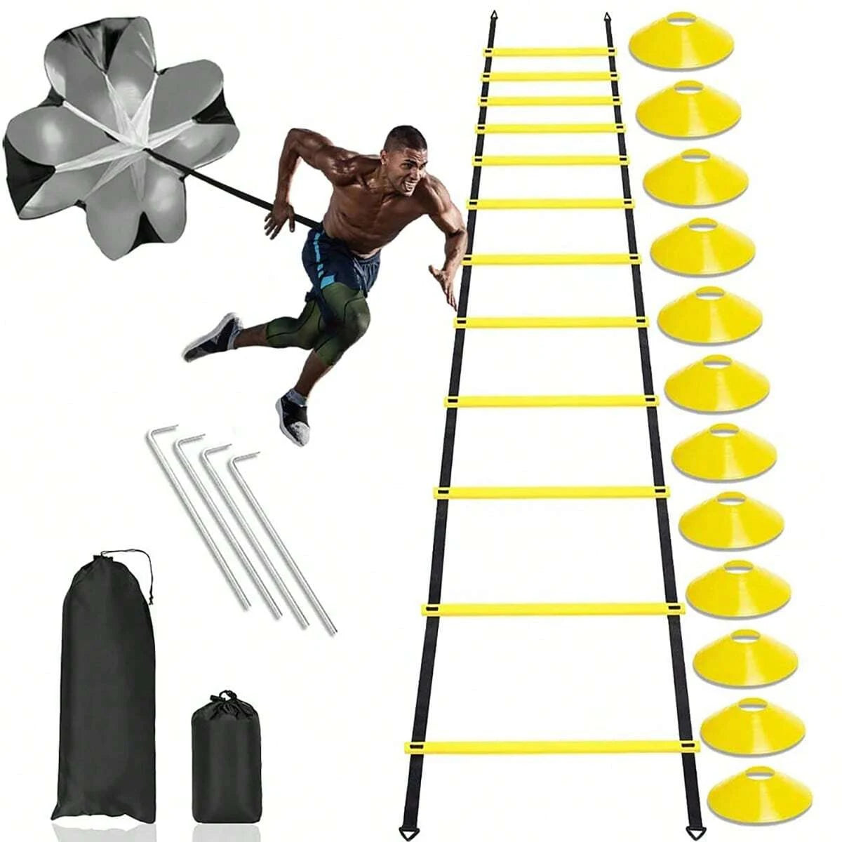 Speed Agility Training Set,Includes 12 Rung 20ft Adjustable Agility Ladder,12 Sports Cones,4 Steel Stakes,1 Resistance Parachute