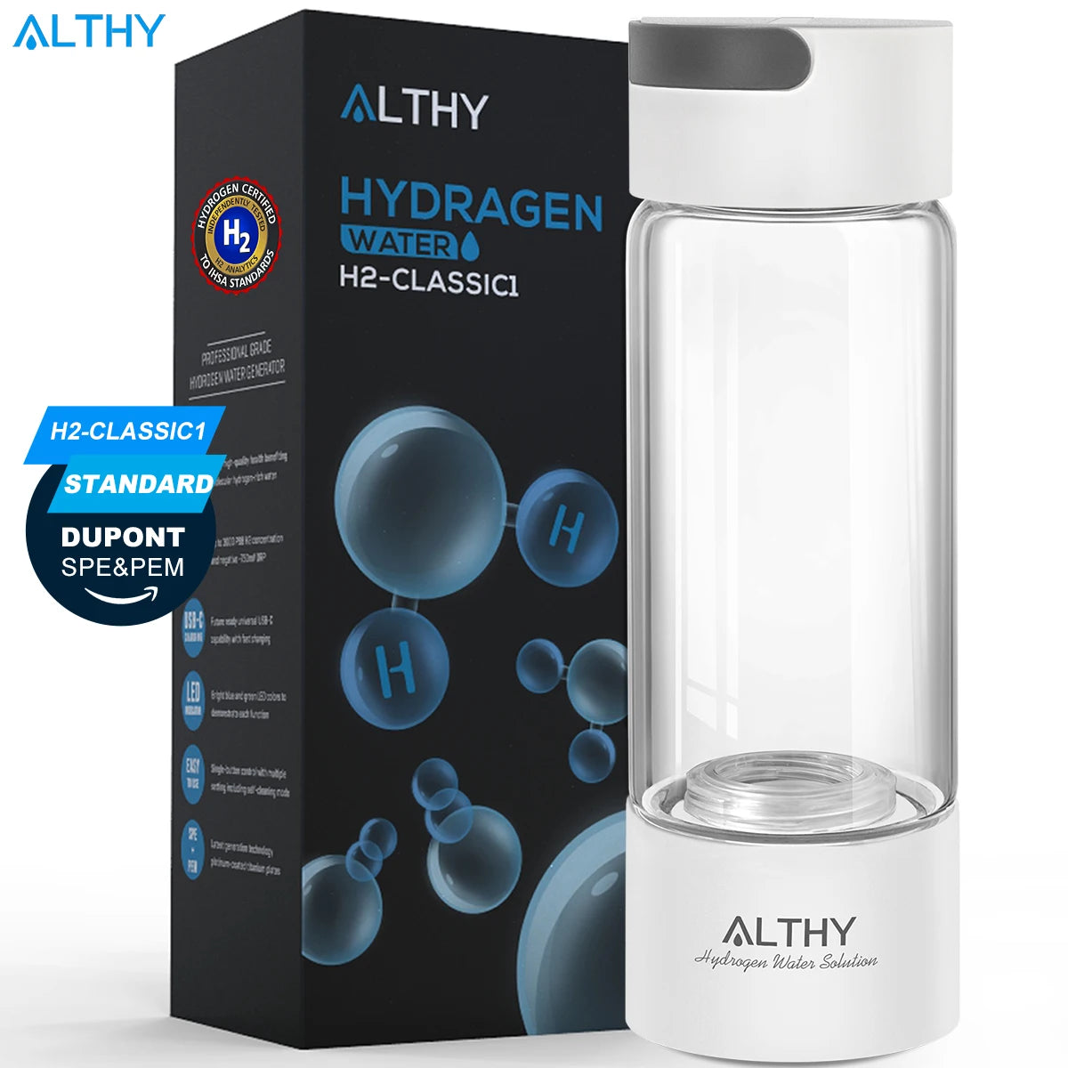 ALTHY Hydrogen Rich Water Generator Glass Bottle Ionizer