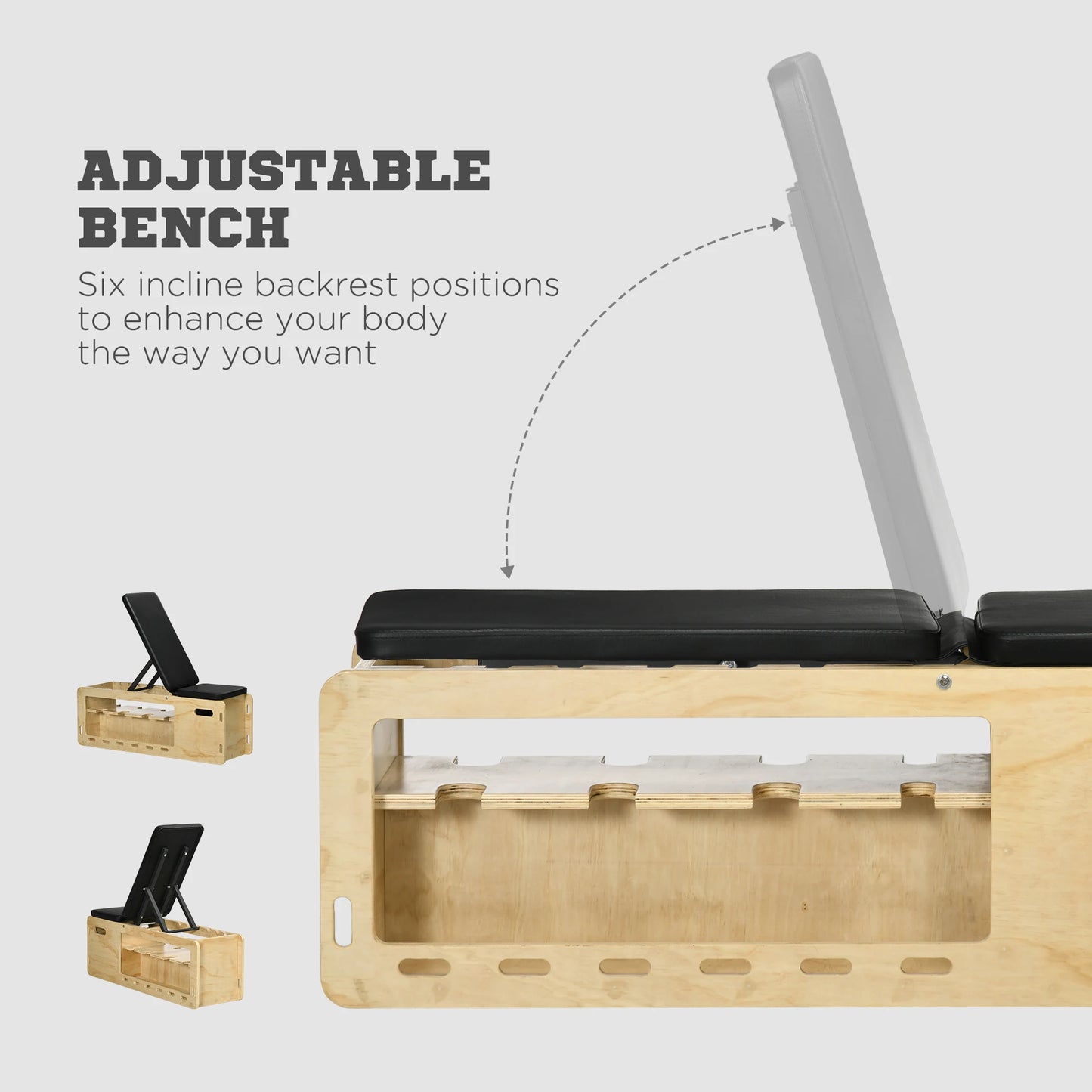 Wooden Workout Bench With Adjustable Incline Dumbbell Rack And Bands